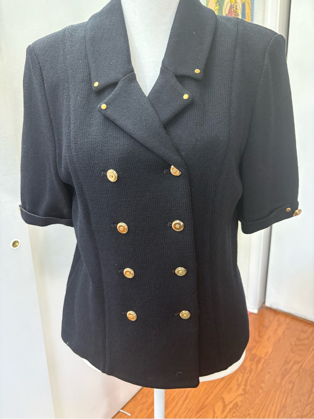 St. John Black Short-Sleeve Double-Breasted Blazer With Gold Buttons